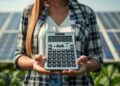 woman holding calculator solar panels background reduction expenses electricity 144356 86251